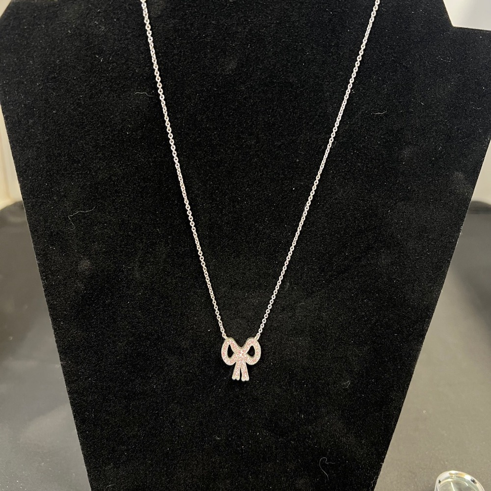 Coach Silver Tone Pink Pave Crystal Bow Pendant Necklace 17 Inch Chain - Picture 2 of 7